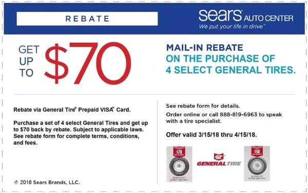 70 OFF Sears Coupon General Tires Rebate April 2018