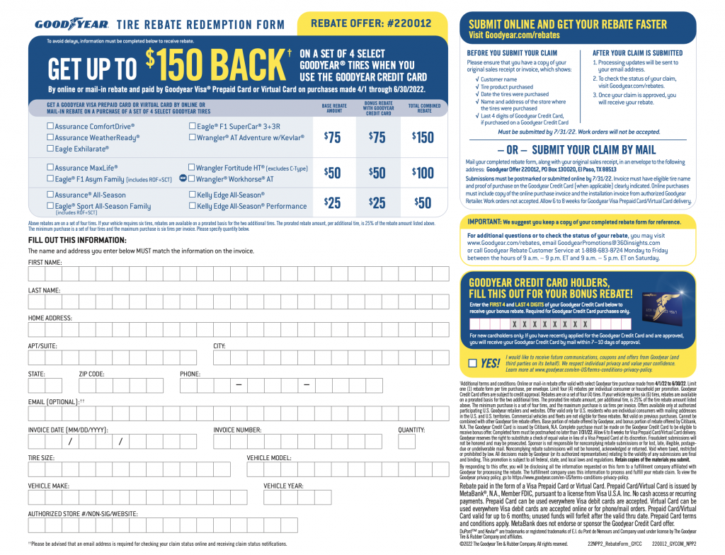 Current Tire Rebate Available Printable Rebate Form