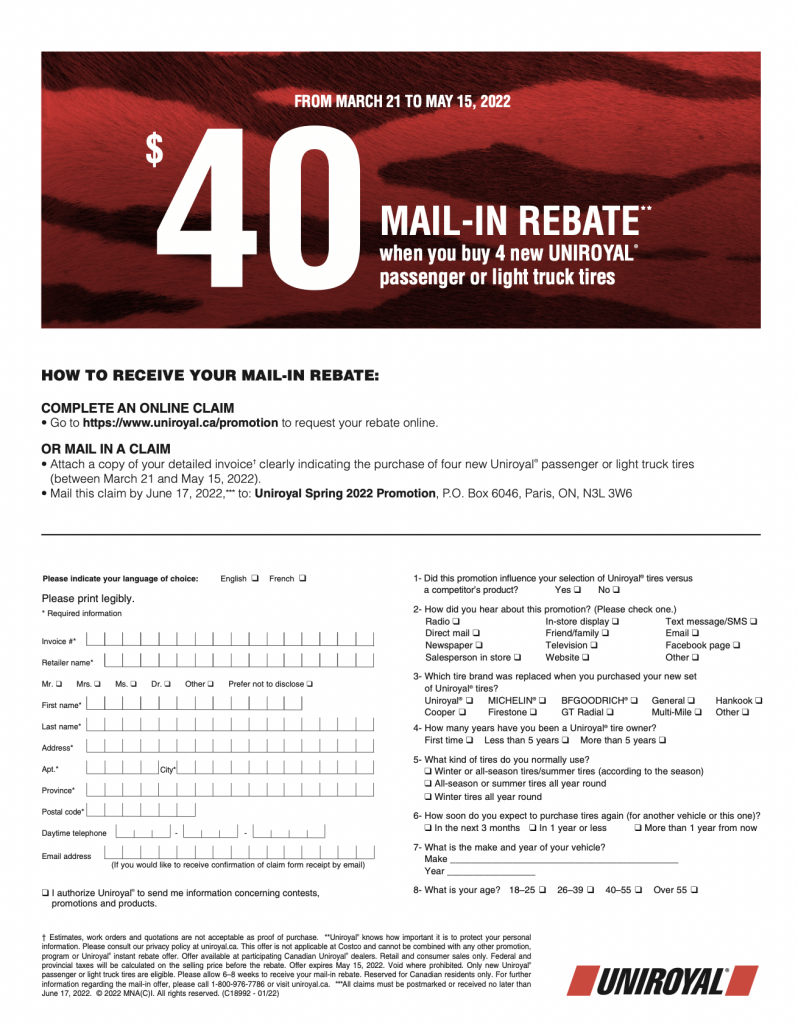 Current Tire Rebate Available Printable Rebate Form