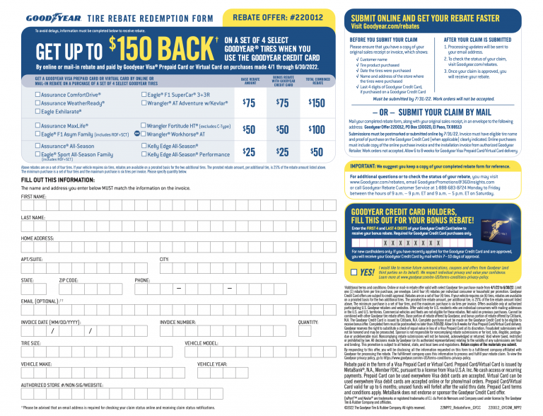 Tire Rebate Printable Rebate Form