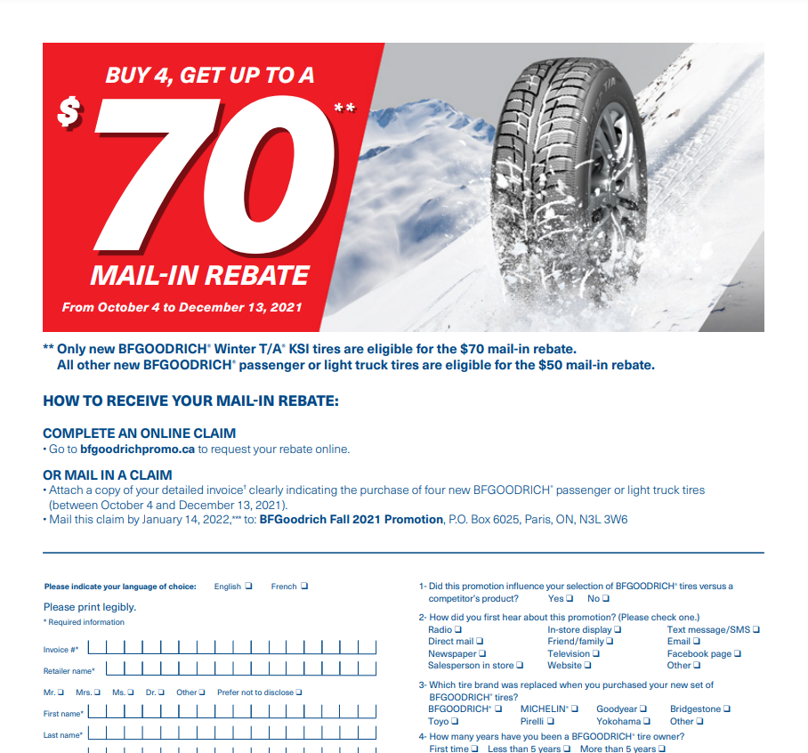 BF Goodrich Tires Rebate Printable Rebate Form