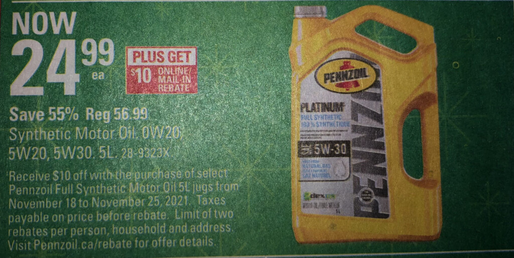  Canadian Tire Nov18 25 Pennzoil Platinum Synthetic Motor Oil 5L 