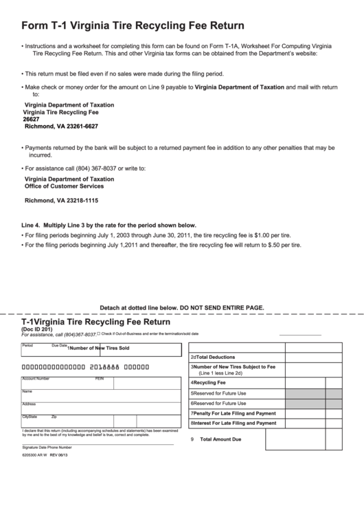 Fillable Form T 1 Virginia Tire Recycling Fee Return Printable Pdf 