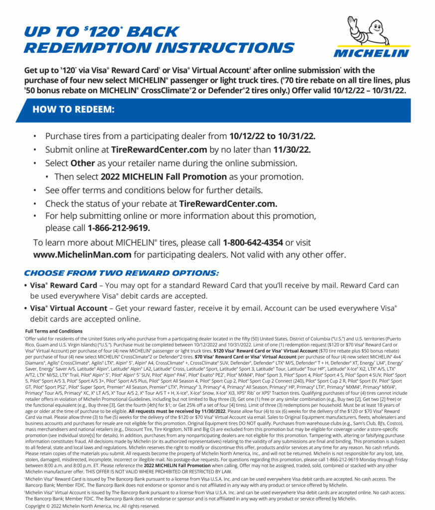 Michelin Tire Rebate Get Up To 120 Rebate 10 12 22 10 31 22 