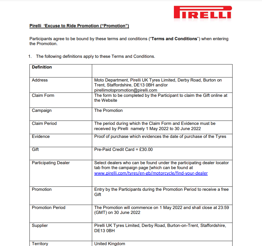 Pirelli Motorcycle Tires Rebate Printable Rebate Form