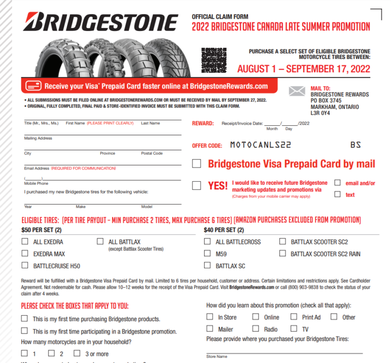 Rebate Bridgestone Tires Printable Rebate Form