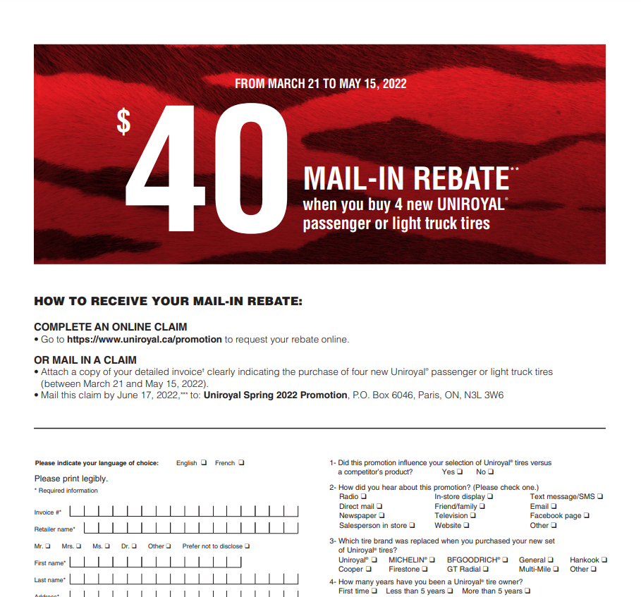 Uniroyal Tire Rebates 2022 Printable Rebate Form