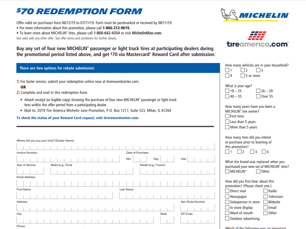 Canadian Tire Michelin Tires Rebate Printable Rebate Form