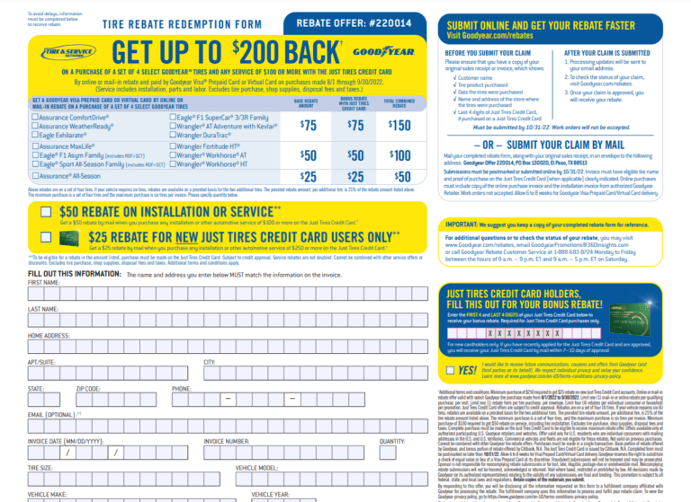 Just Tires Rebate Printable Rebate Form