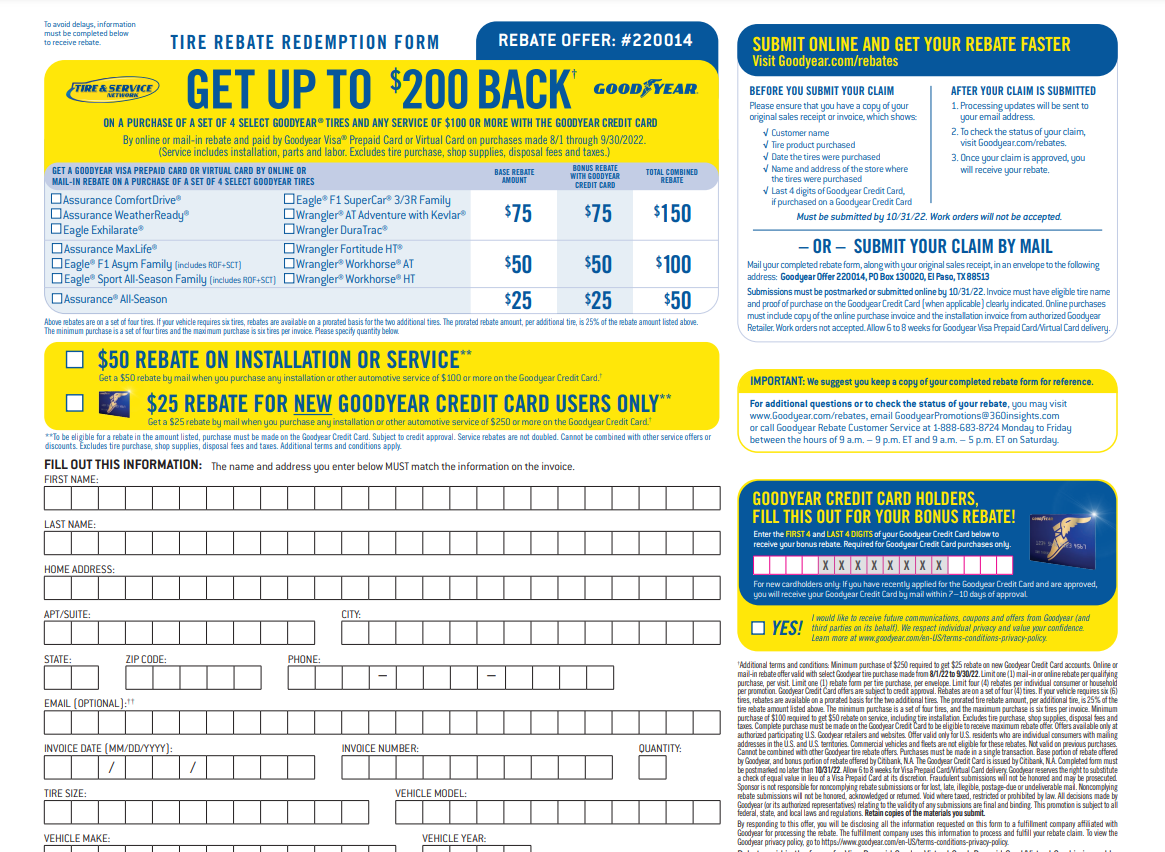 Best Rebates On Tires Printable Rebate Form