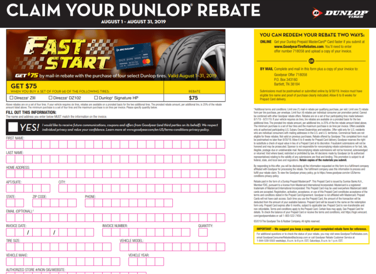 Dunlop Motorcycle Tires Rebate Printable Rebate Form