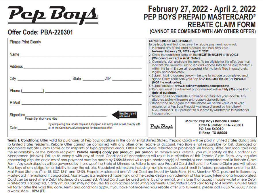 Pepboys Rebate Forms Michelin Printable Rebate Form