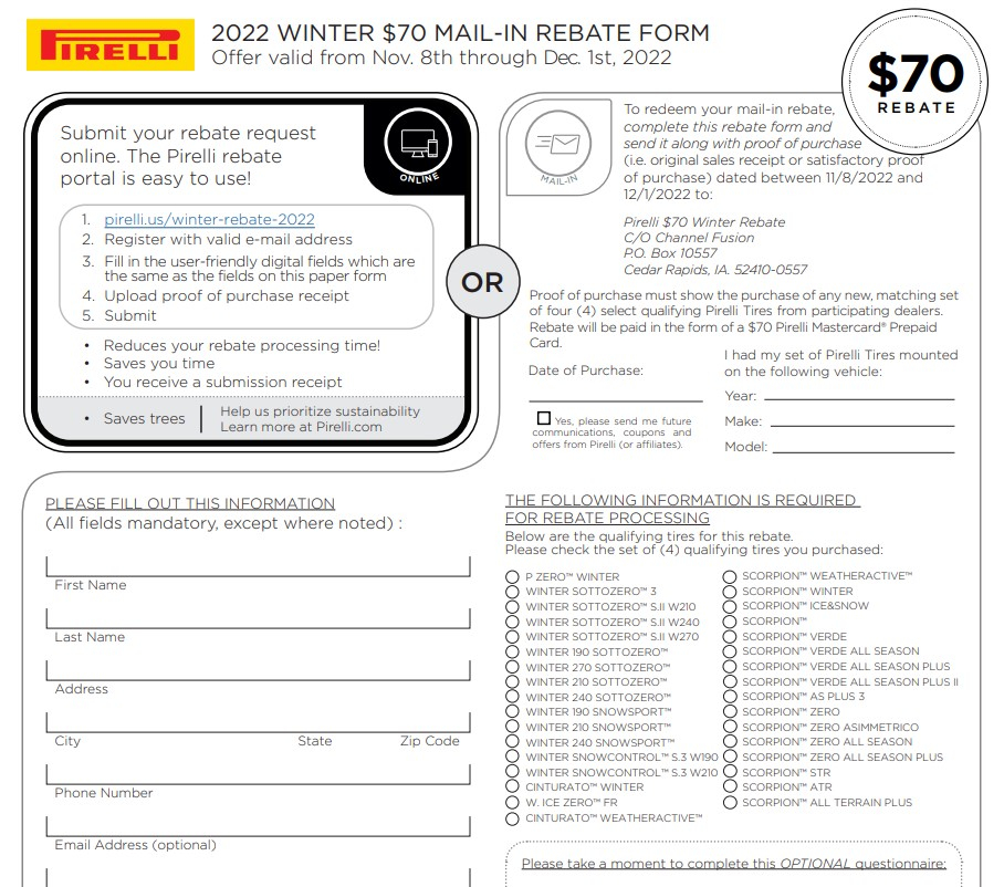 Pirelli Tire Rebate 2023 Eligibility Requirements And Submission