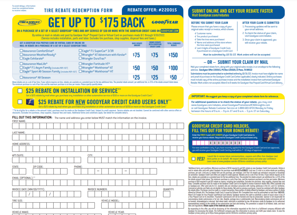 Walmart Goodyear Tires Rebate Printable Rebate Form